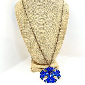 VINTAGE ART Arthur Pepper Enamel Maltese Cross Necklace Blue Green Gold Tone mcm